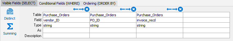 The select tab. From the purchase orders table, vendor i d, p o i d, and invoice received have all been added.